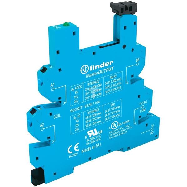 Wąskoprofilowe gniazdo 6,2mm do przekaźników serii 34 MasterOUTPUT, 6-24V DC, zaciski sprężynowe, szyna DIN 93.65.7.024