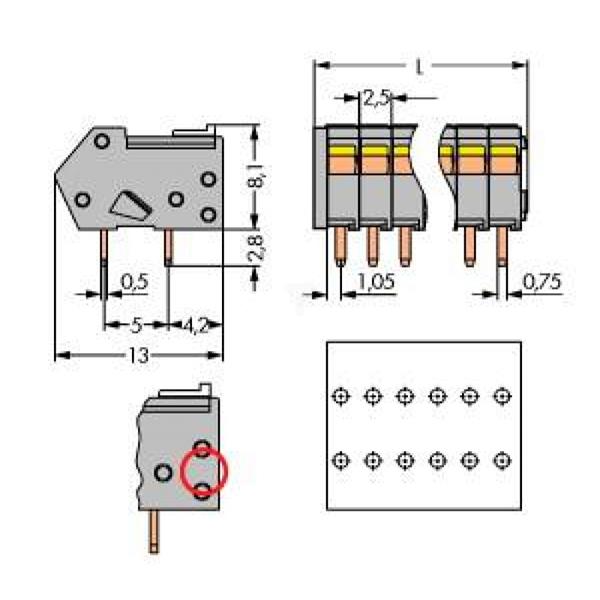 Listwa zaciskowa do płytek drukowanych 13-biegunowa szara raster 2,5mm 218-113