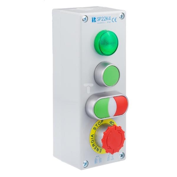 Kaseta sterownicza lampka zielona 230V, przycisk kryty zielony+ dwuklawiszowy, przycisk bezpieczeństwa SP22K4\09-1