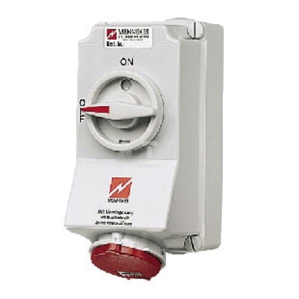 Gniazdo naścienne z rozłącznikiem 16A 7p 6h 400V IP44 z podwójną blokadą mechaniczną MEN5536