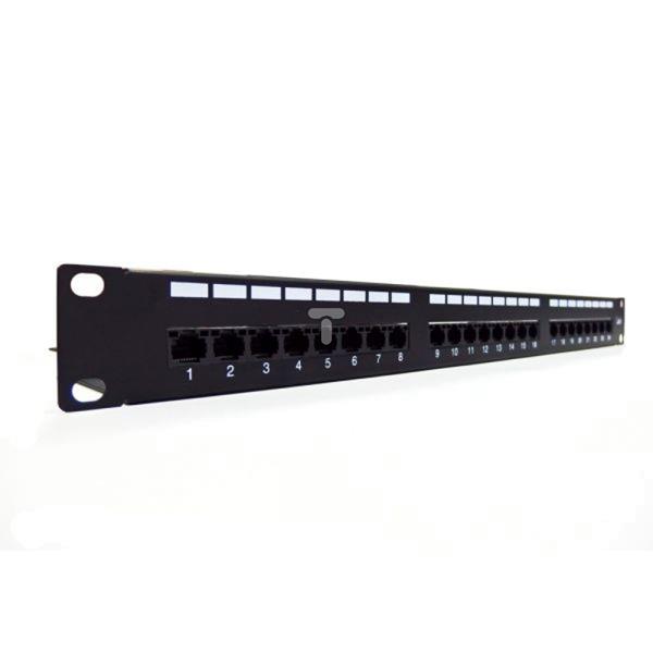 Patch panel kompletny 19 cali 24x RJ45 U/UTP kat. 6 1U z tacką czarny (RAL 9005) DN-91624U-EC