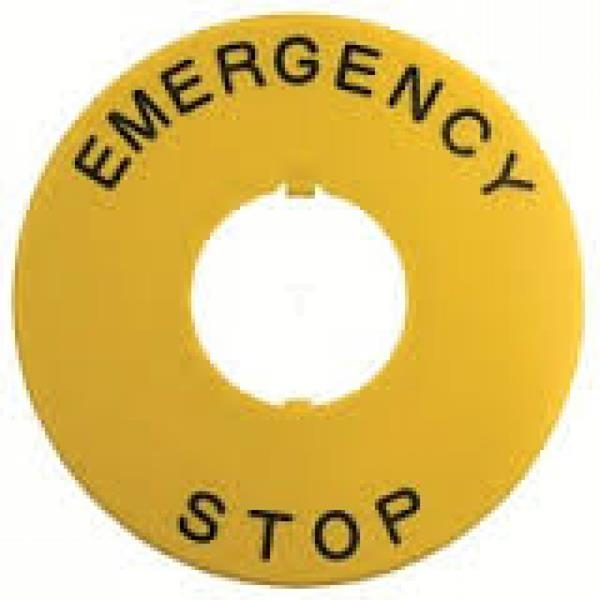 Tabliczka okrągła żółta fi 59, z tekstem /EMERGENCY STOP/ 080XTGR02 179526