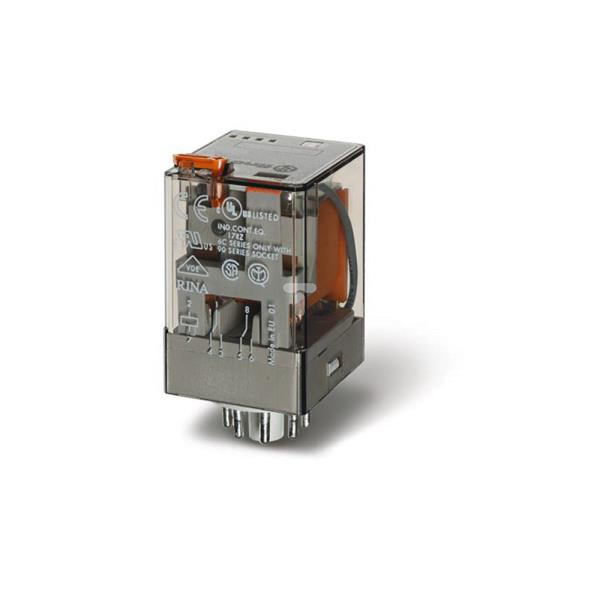 Przekaźnik przemysłowy 2P 10A 24V AC, przycisk testujący, LED, mechaniczny wskaźnik zadziałania 60.12.8.024.0054