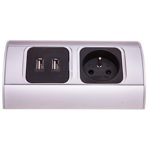 Gniazdo meblowe pojedyncze z/u 16A + 2xUSB IP20 aluminium/ tworzywo OR-AE-1310