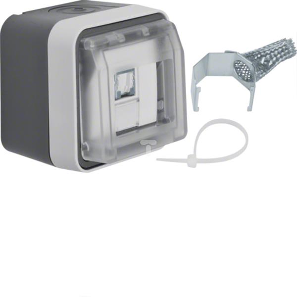 Berker W.1 Gniazdo teleinformatyczne UAE 8 RJ45 kat.6 z pokrywą kompletne IP55 szary 14093505