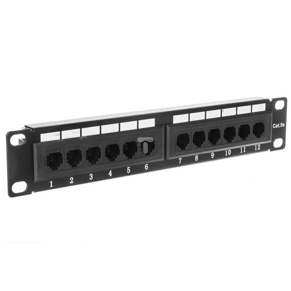 Patch panel 10 cali 1U 12 portów RJ45 cat 5e wyposażony czarny 10-0004