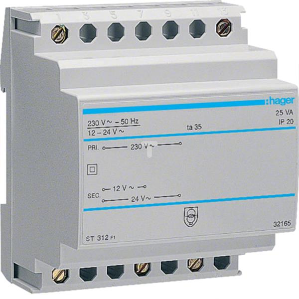 Transformator bezpieczeństwa modułowy 230/12-24V AC 1,04-2,08A 25VA IP20 ST312