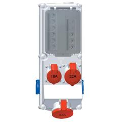Rozdzielnica naścienna 2x16A 230V, 1xCEE 16A 5P 400V, 1xCEE 32A 5P 400V, 1xCEE 63A 5P 400V, 1xFI63/0,03A, 2xB16/1, 1xC16/3, 1xC3