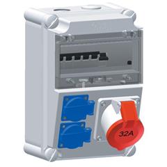 Rozdzielnica naścienna 2x16A 230V, 1xCEE 32A 5P 400V, 1xFI40/0,03A, 2xB16/1, 1xC32/3 IP44 517728