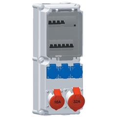 Rozdzielnica naścienna 3x16A 230V, 1xCEE 16A 5P 400V, 1xCEE 32A 5P 400V, 1x FI63/0,03A, 3xB16/1, 1xC16/3, 1xC32/3 IP44 519816
