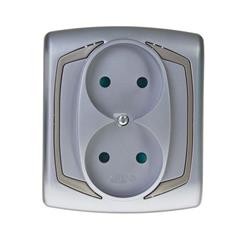 TON Gniazdo podwójne b/u 16A z przesłonami srebro + satyna GP-2CP/18/16