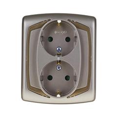 TON Gniazdo podwójne z uziemieniem schuko z przesłonami torów prądowych satyna + złoto GP-2CSP/16/20