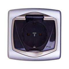 TON Gniazdo bryzgoszczelne z uziemieniem schuko IP-44 wieczko przezroczyste srebro + satyna GPH-1CS/18/16/d