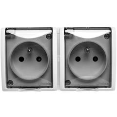 Simon Aquarius Gniazdo hermetyczne podwójne z/u 16A IP44 z i przesłoną torów i klapką transparentną białe AQGZ1-2z/11a